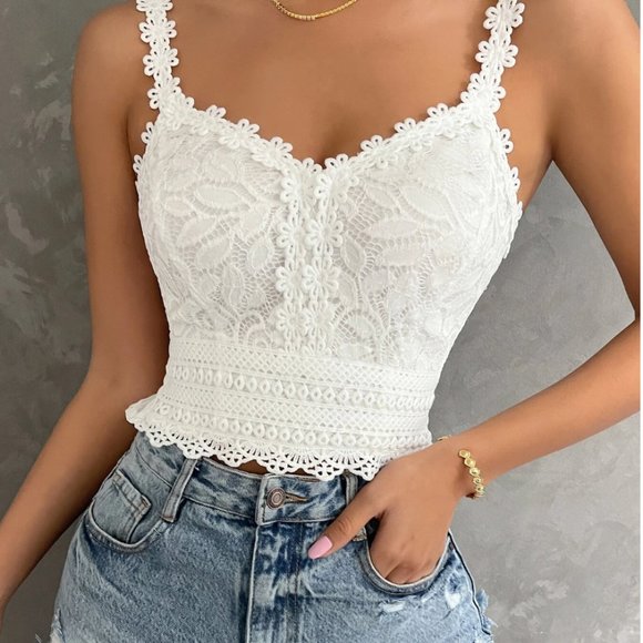 Blue Boho Frill Trim Shirred Back Lace Cami Top - Picture 2 of 6